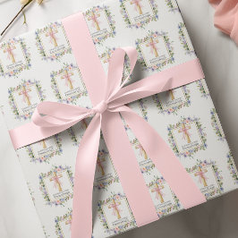 Bloemstuk 1e Heilige Communie Kruis met Roze Strik Cadeaupapier
