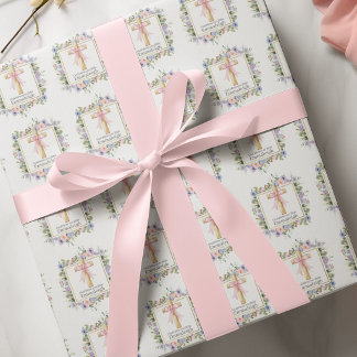 Bloemstuk 1e Heilige Communie Kruis met Roze Strik Cadeaupapier