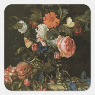 Bloemstuk Bloemen in Vaas, Vintage Barok Vierkante Sticker
