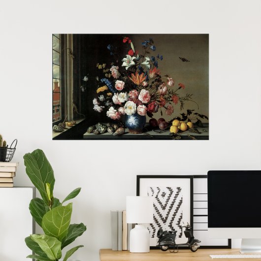 Bloemstuk Fine Art met Rozen Lillies Poster (Thuiskantoor)