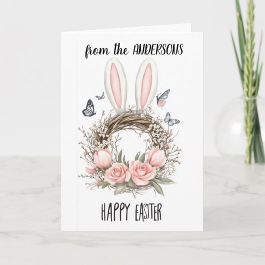 bloemstuk met konijnenoren feestdagen kaart (Voorkant)