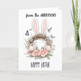 bloemstuk met konijnenoren feestdagen kaart