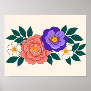Bloemstuk met paarse en koraalrode bloesems poster