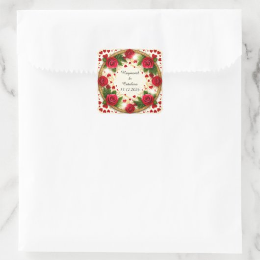 Bloemstuk met rode rozen vierkante sticker (Tas)