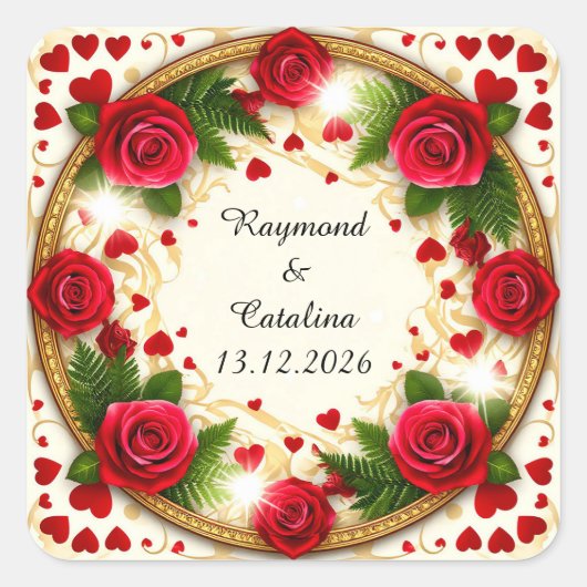 Bloemstuk met rode rozen vierkante sticker (Voorkant)