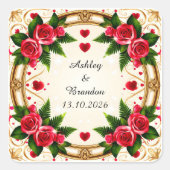 Bloemstuk met Roze Rozen Vierkante Sticker (Voorkant)