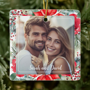 Bloemstuk Onze Eerste Kerst Verloving Foto Ornamen Keramisch Ornament