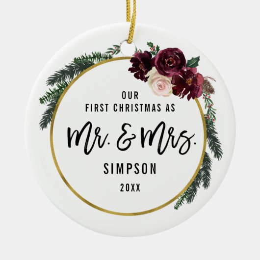 Bloemstuk Onze Eerste Kerstmis Als Meneer & Mevrou Keramisch Ornament (Voorkant)
