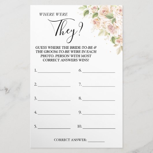 Bloemstuk Waar waren Zij Bruids douche spelkaart Flyer (Voorkant)