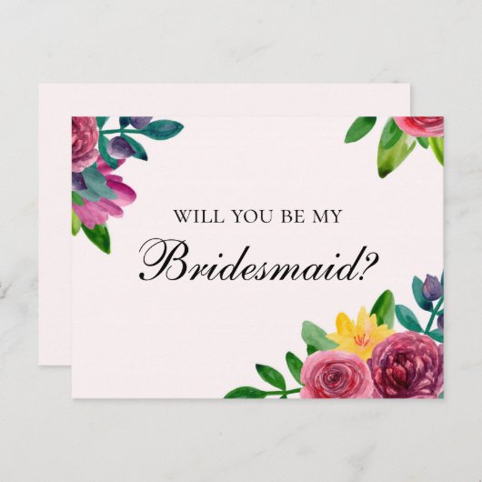 Bloemstuk Wil je mijn bruidsmeisje zijn. Roze bloe Uitnodiging Briefkaart (Voorkant / Achterkant)