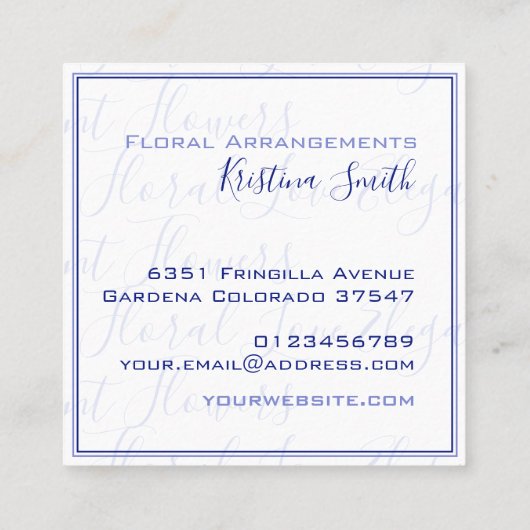 Bloemstukken in marineblauw en witte lelies Bloemi Vierkante Visitekaartje (Achterkant)