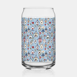 Bloemstukwerk vogelhuisjes & hemelsblauwe achtergr blikvorm glas