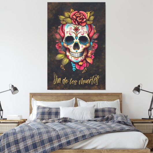 Bloemsuiker schedel Día de los Muertos Spaans Canvas Afdruk (Insitu (Slaapkamer))