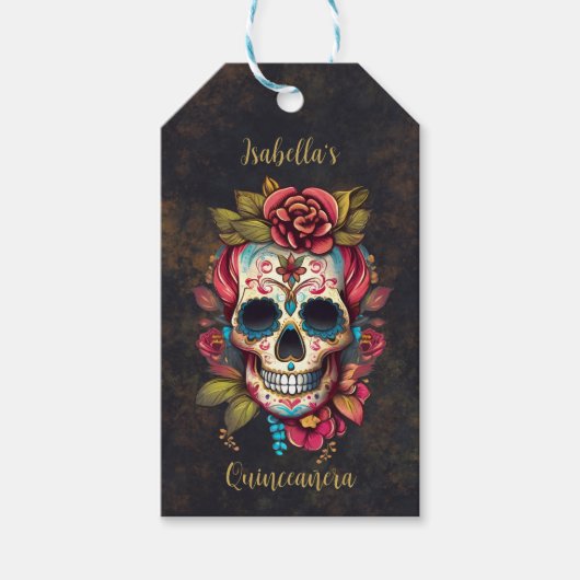 Bloemsuiker schedel Quinceanera Verjaardag Cadeaulabel (Voorkant)