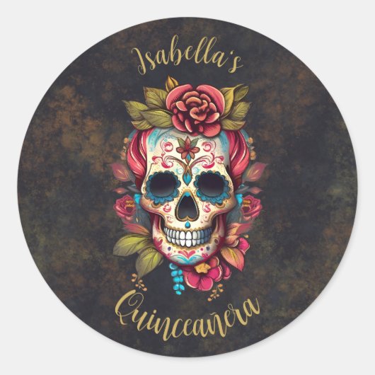 Bloemsuiker schedel Quinceanera Verjaardag Ronde Sticker (Voorkant)
