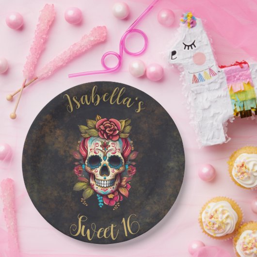 Bloemsuiker schedel zoet 16 Verjaardag Papieren Bordje (Feest)