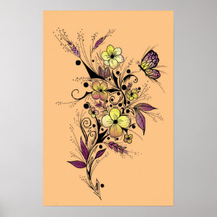 Bloemtatoeage in geel en paars poster