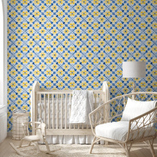 Bloemtegel Mediterraan geïnspireerd Blauw Geel Behang