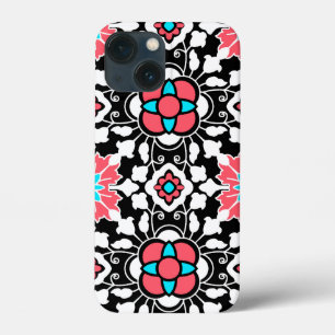 Bloemtegeltje uit Marokko, zwart, wit en koraalroz iPhone 13 Mini Hoesje