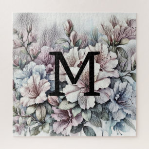 Bloemtekening monogram roze blauw azalea's legpuzzel