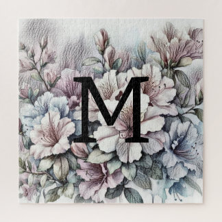 Bloemtekening monogram roze blauw azalea's legpuzzel