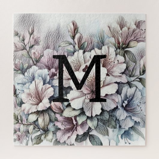 Bloemtekening monogram roze blauw azalea's legpuzzel (Verticaal)