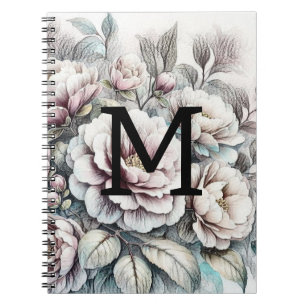 Bloemtekening monogram roze blauwe pioenen notitieboek