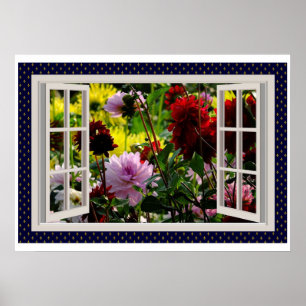 Bloemtuin, open raam, Dahlias Poster