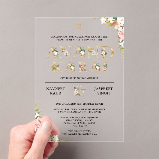 Bloemtypografie Anand Karaj Sikh Wedding Acryl Uitnodigingen (Insitu (Draagbaar))