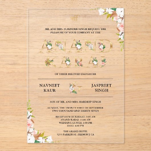 Bloemtypografie Anand Karaj Sikh Wedding Acryl Uitnodigingen (Voorkant)