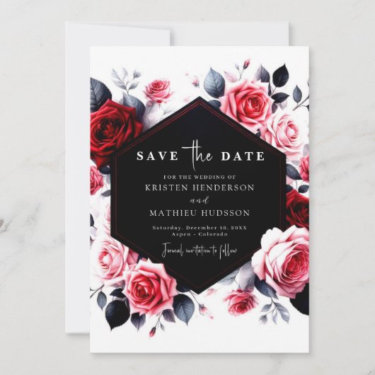 Bloemtypografie Crimson Red Wedding Save The Date (Voorkant)