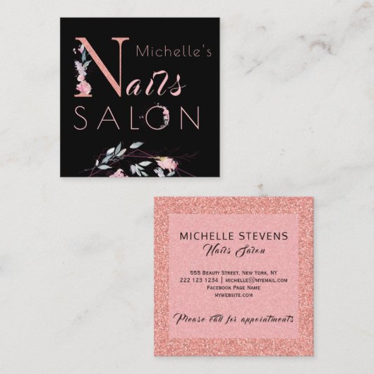 Bloemtypografie glitter roze zwarte nagels salon vierkante visitekaartje (Voorkant / Achterkant)