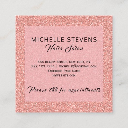 Bloemtypografie glitter roze zwarte nagels salon vierkante visitekaartje (Achterkant)