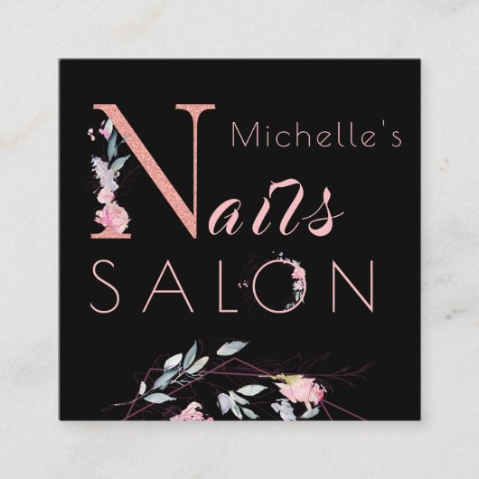 Bloemtypografie glitter roze zwarte nagels salon vierkante visitekaartje (Voorkant)