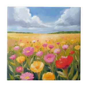 Bloemveld landschapsschildering waterverf tegeltje