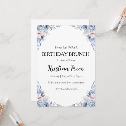 Bloemverjaardag brunch uitnodiging (Voorkant / Achterkant in situ)