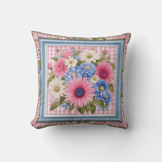 Bloemvierkant naadloos patroon met roze Gingham B Kussen (Voorkant)