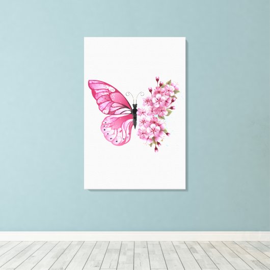 Bloemvink met roze Sakura Canvas Afdruk (Insitu (Houten vloer))