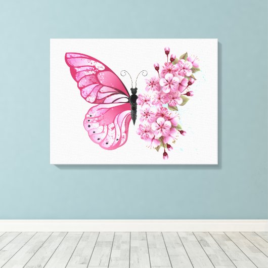 Bloemvink met roze Sakura Canvas Afdruk (Insitu (Houten vloer))