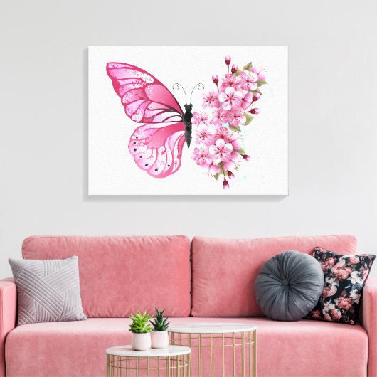 Bloemvink met roze Sakura Canvas Afdruk (Insitu (Woonkamer))