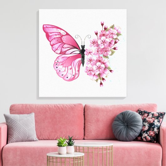 Bloemvink met roze Sakura Canvas Afdruk (Insitu (Woonkamer))