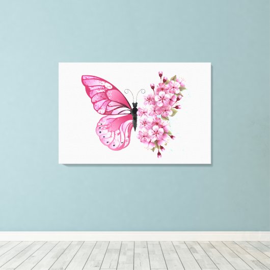 Bloemvink met roze Sakura Canvas Afdruk (Insitu (Houten vloer))