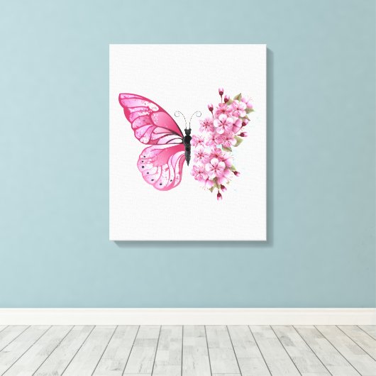 Bloemvink met roze Sakura Canvas Afdruk (Insitu (Houten vloer))