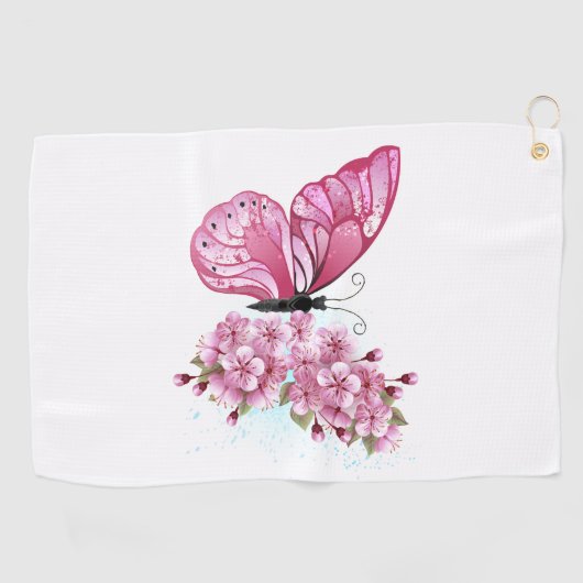 Bloemvink met roze Sakura Golfhanddoek (Horizontaal)