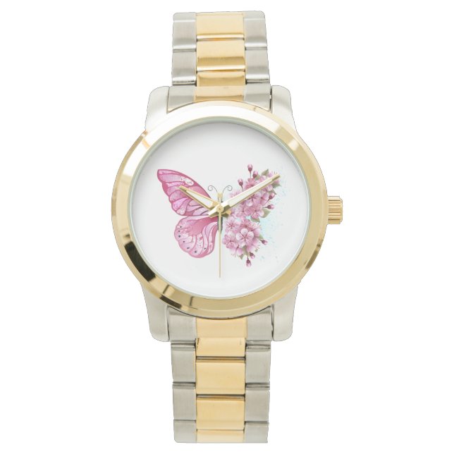 Bloemvink met roze Sakura Horloge (Voorkant)