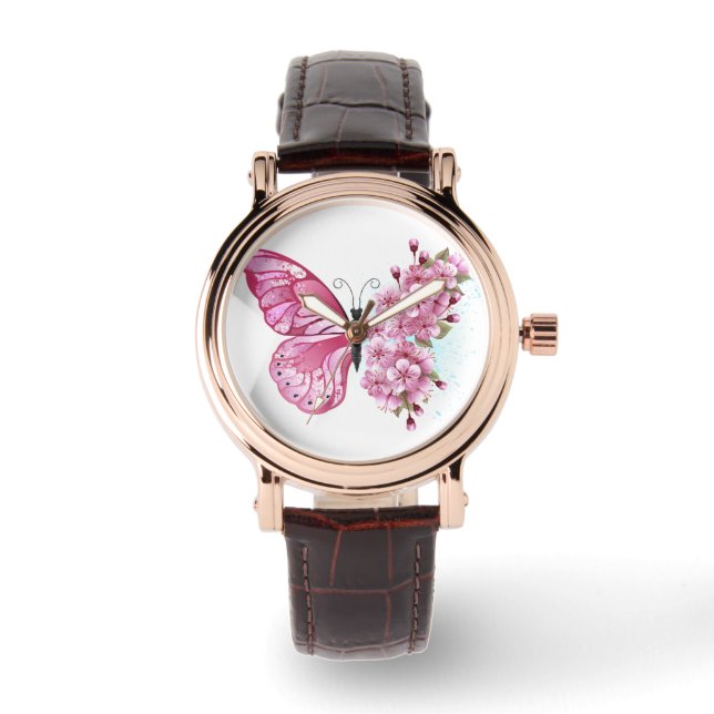 Bloemvink met roze Sakura Horloge (Voorkant)