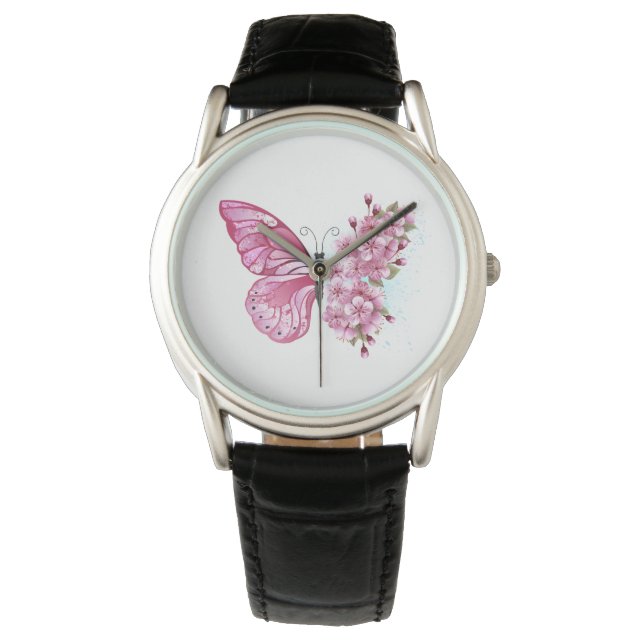 Bloemvink met roze Sakura Horloge (Voorkant)