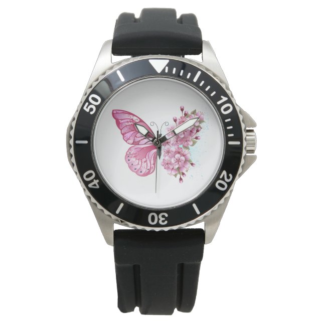 Bloemvink met roze Sakura Horloge (Voorkant)