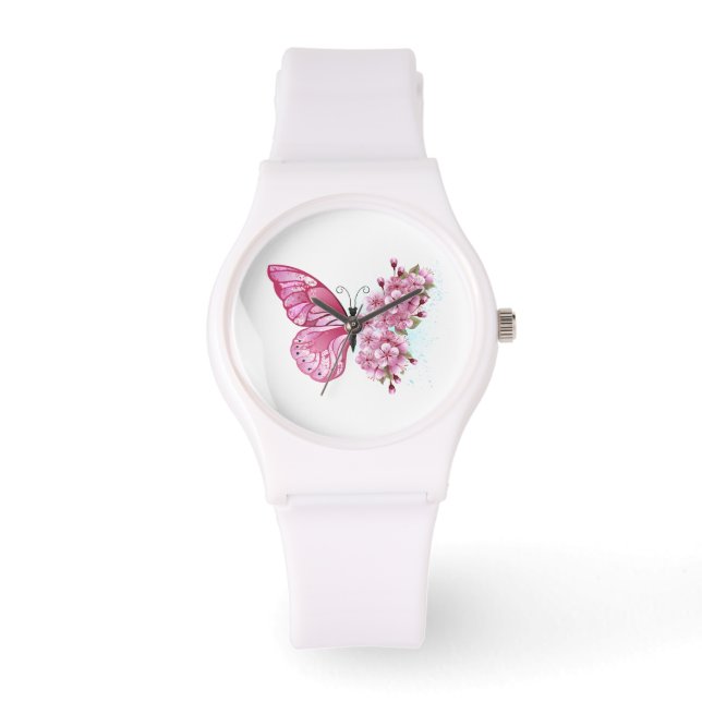 Bloemvink met roze Sakura Horloge (Voorkant)