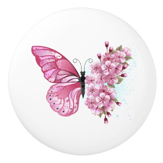 Bloemvink met roze Sakura Keramische Knop (Voorkant)